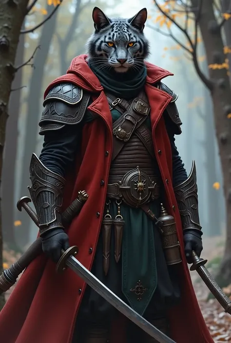 Create a dungeons and dragons, male race tabaxi tiger and a assassin character, dark grey and red furr, with a rapier, dagger, shortbow, poisoner's kit, a dark leather armor, and a lockpicks and disguise kit, more tiger like face features 