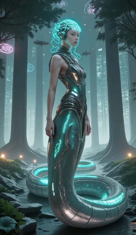 Create an image of a futuristic snake woman who combines both the raw beauty of nature and the sleek precision of advanced technology. Her upper body, human in shape but otherworldly in presence, is clothed in a skin-tight suit made of semi-transparent mat...