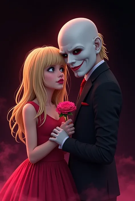 I want to create a poster for a Valentine's Day horror series featuring a blonde girl holding a flower and a blonde with white skin, with a mask that barely covers your eyes and nose, His lips are pink and he has an evil expression, together that it is the...