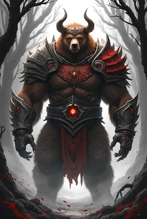 full body front view, high detail one red eyeball brown bear warrior with helmet and armor in a black and white forest, anime style, red particles flying, black ink