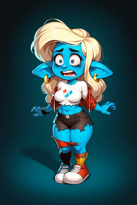 Harley Quinn being transformed into a smurf. Smurfette, shrinking, blue skin, extra short, 6 inches tall, piercings, blue skin, monster_girl 1girl, round ears, goblin, shortstack, breasts, earrings, ripped clothing, surprised, embarrassed, moaning, rape fa...