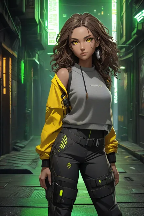 A Hispanic woman, head and shoulders only, with brown wavy hair, Bronze skin color, acrane art style, detailed, green lighting, dark alley, cyberpunk clothes, cyberpunk pants, gray sweater, yellow eye color, anime style art, female protagonist,highly detai...