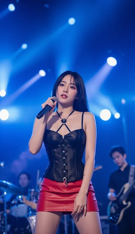 18 year old Asian teen girl wearing a corset, panties, spaghetti straps, and a very short red leather skirt, holding a microphone and singing, with blue lights shining on her face, on a large concert stage, with a full band, the background is blurred.