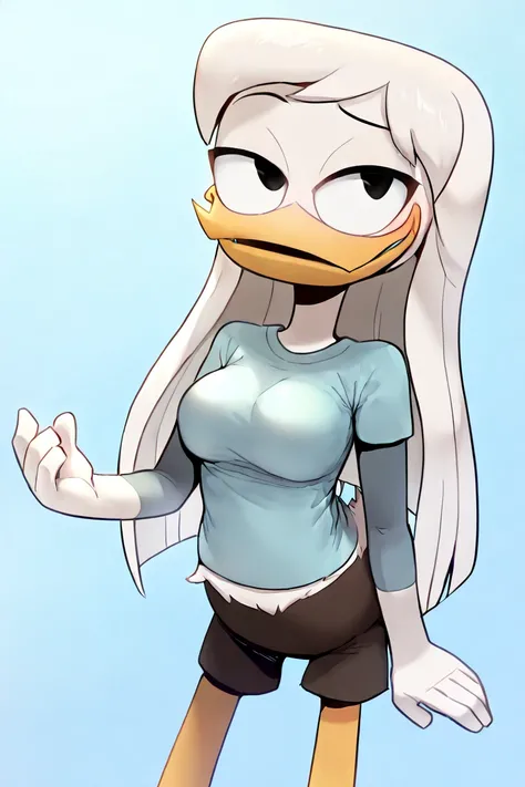 (masterpiece, best quality, very aesthetic, artist:sakura, blue background)(ducktales:1.2)(anthro duck)(della duck:1.2)(beak:1.1)(smiling:1.3)(white legs, solo:1.2)(black eyes, medium breasts:1.3)(white short-sleeved t-shirt, black shorts:1.2)(white skin, ...