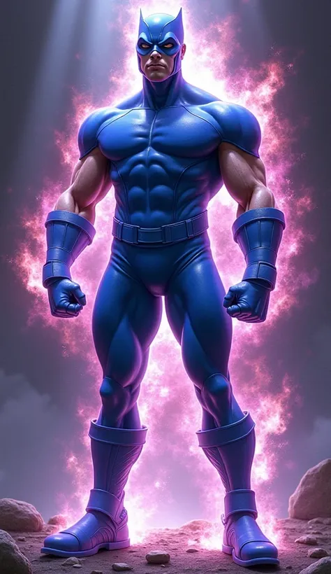  X-Men's Cylock 、Wearing a blue leotard　Skin is exposed on both arms and legs、I'm wearing blue boots、He wears blue wristbands on both arms、There is a reddish-purple aura around the body