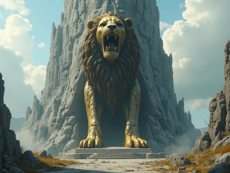 There is a large, long rock. At its base is a statue with two large golden lion paws and a lion's face with its mouth open.