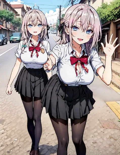 sysdeep_Arisa,stupid hair,  Silver Hair,  blue eyes,skirt,  shirt,side hair Ribbon,smile,blush, open your mouth,  school uniform, white  shirt, Short sleeve, Big Breasts, cleavage, gal, collared  shirt,  sweater , black mini pleated skirt , rib tights ,  b...