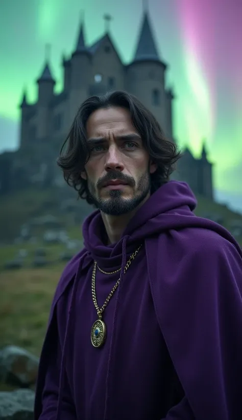 A 20-year-old solitary wizard.  far away there is a medieval Gothic castle. You can see their face in detail ,  in front of the camera . La estética es de fantasía dark. The man is a medieval sorcerer whose clothes are purple, He has a ,  and the clothes a...