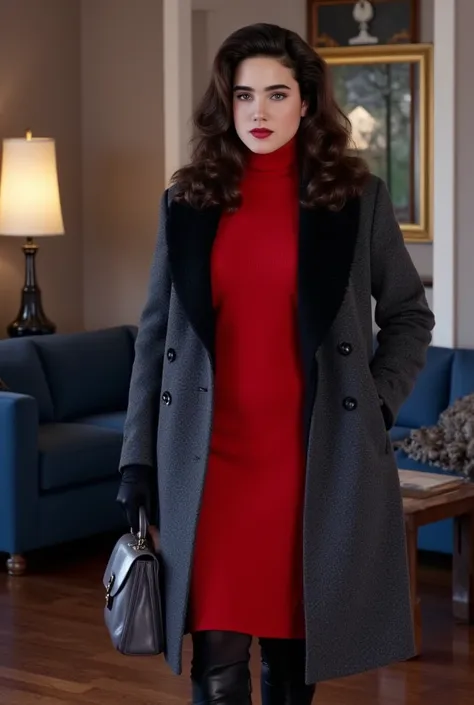 Full body view. pov eye level. Jennifer Connelly. Neck length hair styled in 1940s era Victory curls. sharply outlined and painted ruby red lips. dark blue eyeshadow. (Long and thick eyelash extensions:1.6).   wearing a red seasonal winter sweater dress.  ...