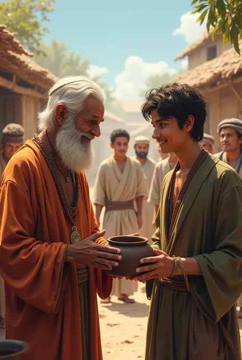 The village chief, an elderly man with a kind smile, questioning Ali about his empty pot. Ali explains sincerely while other ren watch in surprise