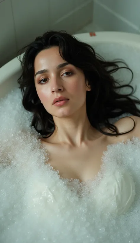 Professional photography, realistic, Wong Kar-Wai, shot from top down photo of  woman lying in the bathtub, she has long messy black hair, she is bathing, she has pretty makeup, the bathtub full of soap foam, photo has bubbles flying in foreground, SFW cen...