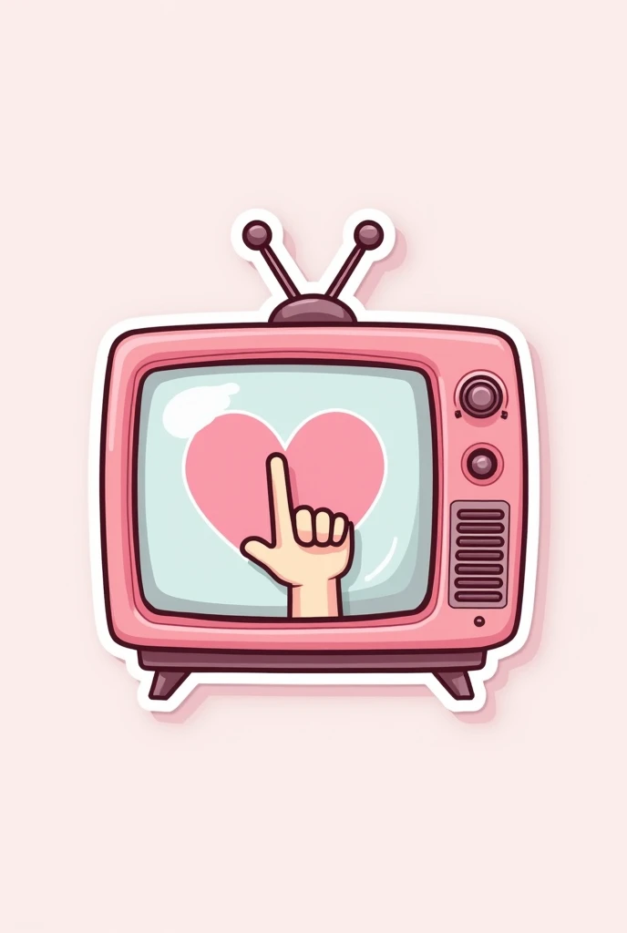  Kawaii sticker of a pink retro TV showing a hand making a 'finger heart' with a heart. With white border around ,  Charming details ."