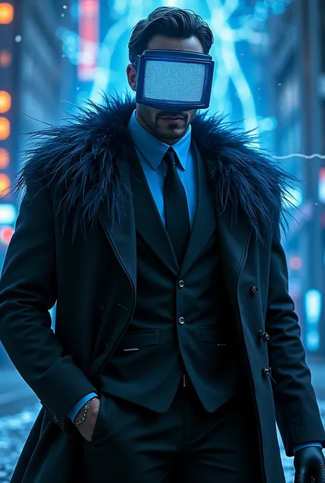 (OC) (male)  ( Mr glitch)( black elegant dress) blue shirt with a tie) (black gloves) (dark blue feather coat) a (technological and electric Aura surrounds his body) (TV face) (blue screen)