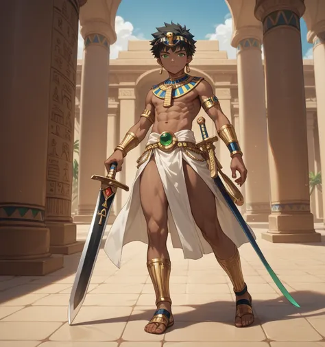  make a full body image, an Egyptian boy ,  a young pharaoh looking 18 years old , with black skin, very short black hair and green eyes and with a single magic sword whose blade shines green, the image with the appearance of an anime .