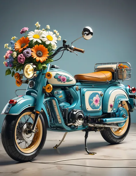 A retro electric motorcycle loaded with flowers, High-quality artworks created by master artists, best quality, Detailed Details