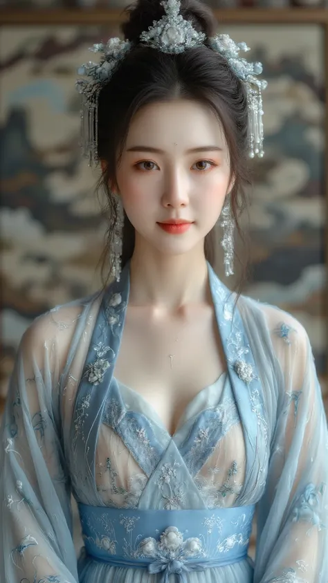 reality， High detail,  Very detailed , Fantasy effect ，glacier，Ancient Chinese goddess ， delicate cheeks ， charming eyes ，long hair, Chest,  Earrings,  wearing blue antique Chinese dress， white silk design 