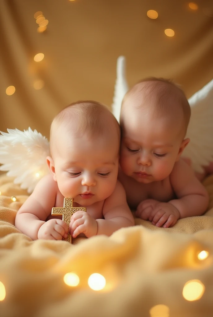 "A warm, ethereal scene featuring two babies lying on a soft, golden fabric. One baby is lying on its back, gazing gently at the camera, holding a small golden cross in its tiny hands. The other baby is leaning over, appearing to lovingly watch over the fi...