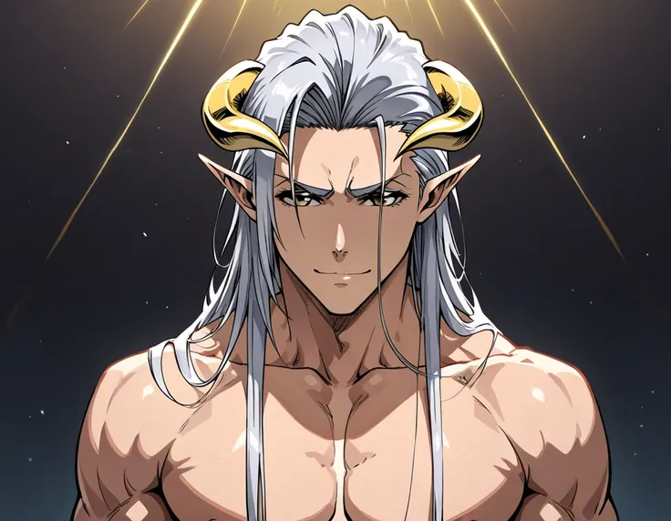 Ryūjin Hishō (Bleach) with long flowing silver hair. Large gold eyes. Pointy ears. Small curved horns. Adult male with muscle body. Light skin. Soft smile.