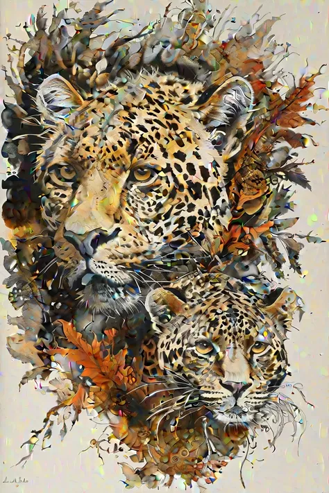 A highly stylized and abstract representation of a leopard's face with intricate patterns and designs resembling its spots. The background blends dark and light colors, hinting at a natural habitat. The image conveys a sense of mystery and elegance, inviti...