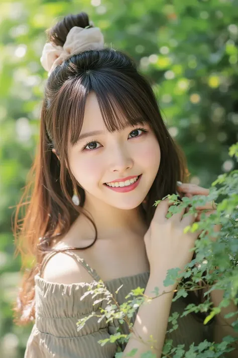  Super Fine、 up of her face 、 and she has a smile showing her teeth,  is wearing off-shoulder, The background is in the woods 、   high image quality、細部にわたって  high image quality