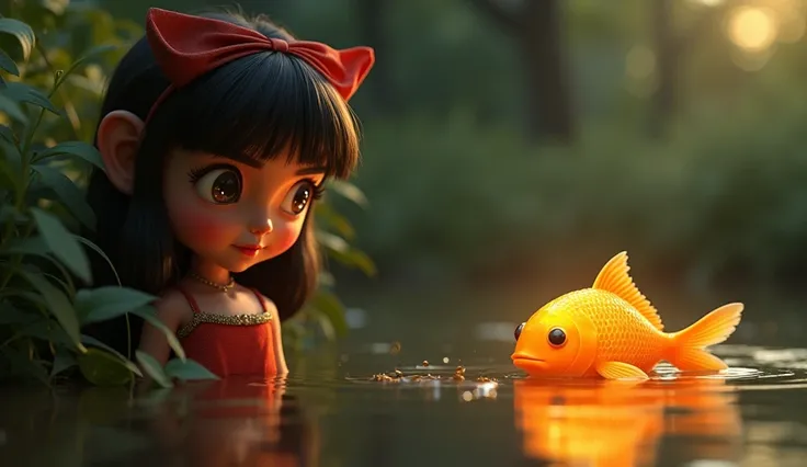 A red fancy dress girl with a sly expression peeked out from behind a bush, watching another girl feeding a glowing golden fish in the river. The light of the fish reflects on the girl's face, creating a mysterious atmosphere. Style: whimsical 3D Pixar sty...