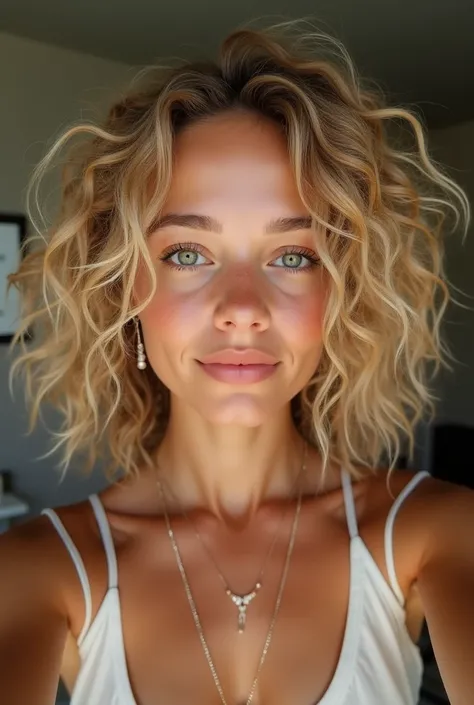  Generate an image of a woman between 20 and 25 years old, With curly blonde hair , green eyes and tanned skin,  taking a selfie