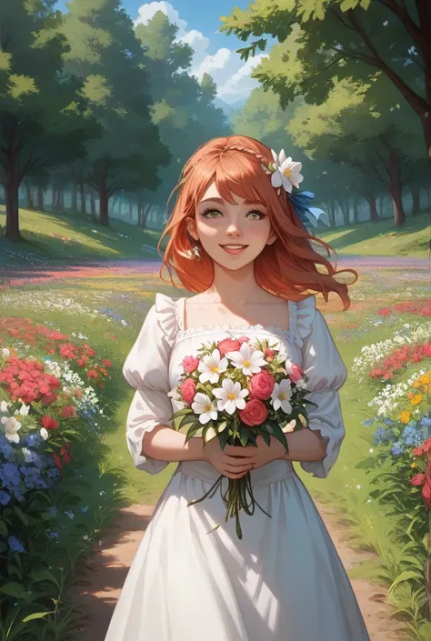  There is a  wearing a red and white dress holding a flower bouquet, girl in flowers, Picking flowers,  They carry flowers , Pick a flower , , Girl standing in a field of flowers,  flowers on their cheeks , girl in a flower field,  Portrait of a girl in a ...