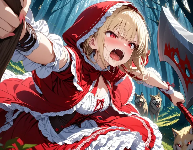 masterpiece,amazing quality,best quality,ultra-detailed,8k,illustration,CG,　 1girl ,  tell me about one beautiful girl 、 Lolita Style,Red Riding Hood clothes,red eye, blonde, has an axe,Swinging an axe, angry expression,Fight with wolves,Crazy Face, open y...