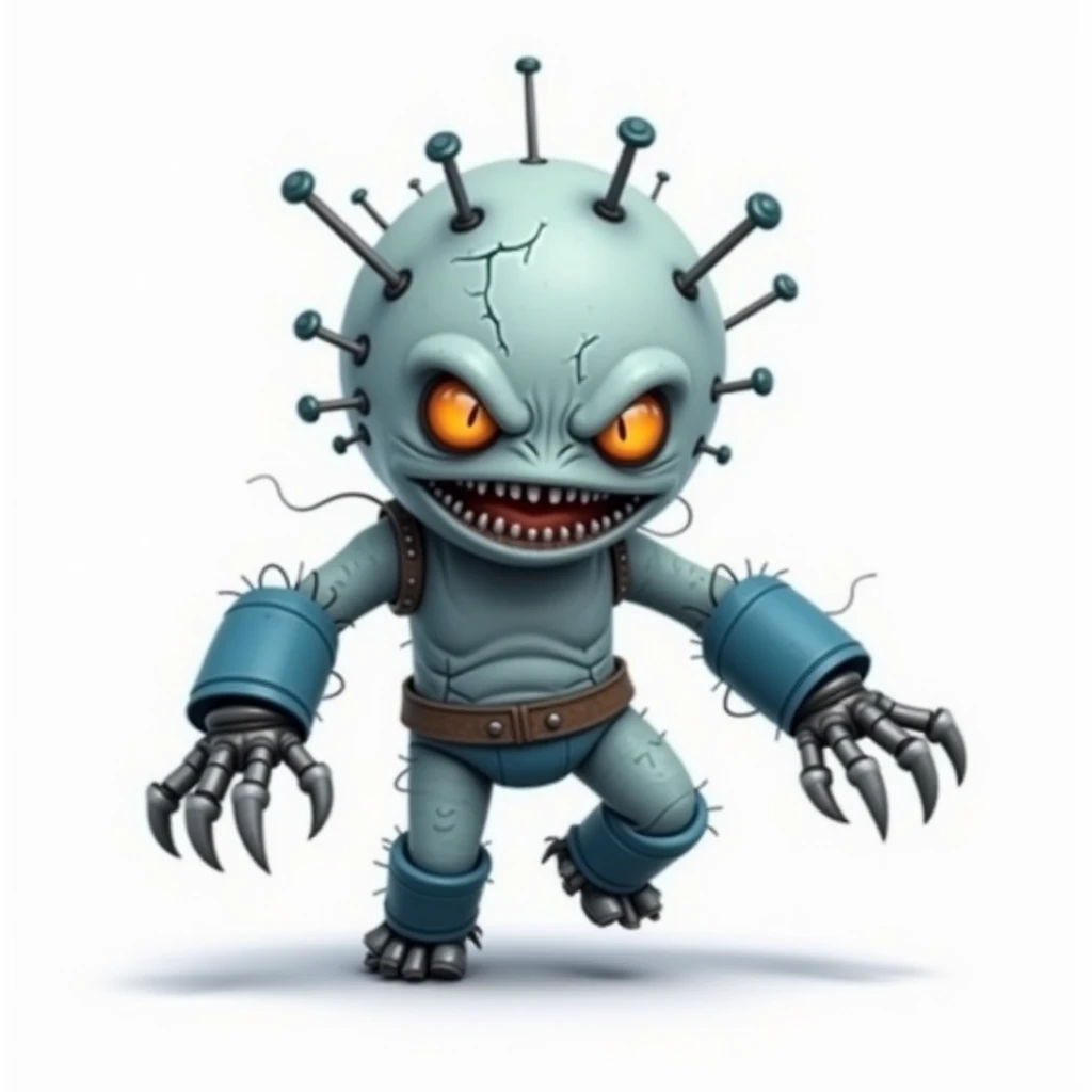  stylized,  cartoon-like creatures ,  may come from a video game or digital art . 


 The creature is light grayish blue ,  similar to ,  mechanical puppets or monsters .  ， The appearance is slightly broken or rotten . Threads and fabric are loosely attac...