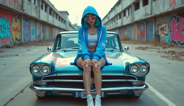 A Japanese female dancer with neon blue hair sits confidently on the hood of a flamboyant, customized low-rider car in the middle of a vast, graffiti-covered parking lot within a decayed urban landscape. The low-rider stands out with its vibrant, metallic ...