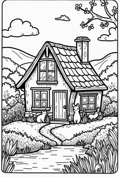 Coloring book for adults and teens about cozy home in a simple black and white outline with cute animals 