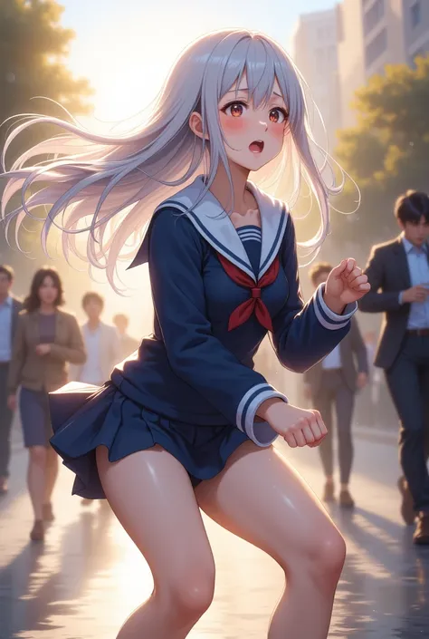 (High school girl running through the city, navy long-sleeved sailor suit)　(Angle from the side) beauty 　 beautiful anime style portrait 　 Detailed Portrait of a Beautiful Girl in Anime Style  , amazing  beautiful anime style portrait  ,  beautiful anime w...