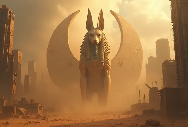 I want a city to be under a sandstorm with an Anubis emblem created by AI Artificiel.