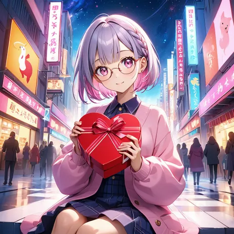 Valentine's Day vibe 、Figure holding a heart present box on the chest、Silver short bob、 partial braid hairstyle with one side up 、 pink eye、 Pinkish Translucent Eyes 、Eyes with enchanting beauty、  The colors of the two eyes are clearly separated 、 sparklin...