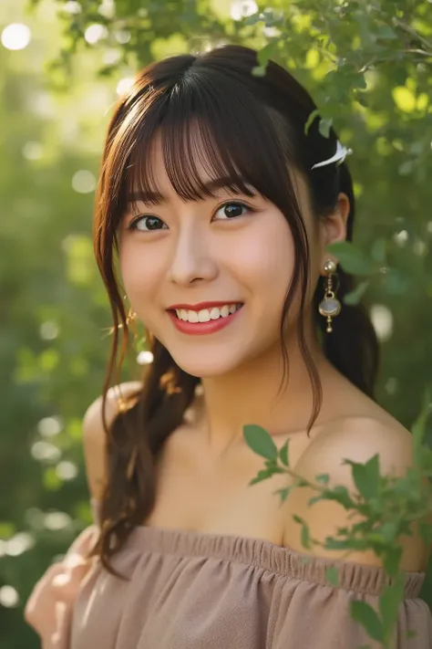  Super Fine、 up of her face 、 and she has a smile showing her teeth,  is wearing off-shoulder, The background is in the woods 、   high image quality、細部にわたって  high image quality