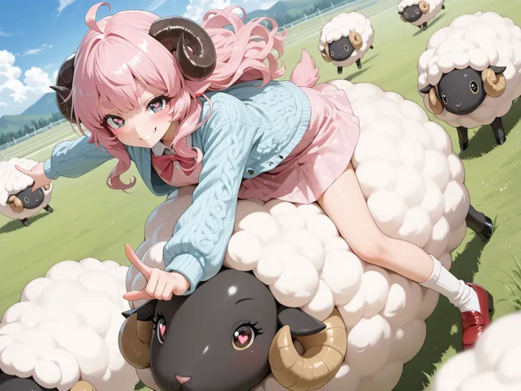 solo, 1girl\((fluffy hair:1.2),cloud-like hair,fine pink long hair,white skin, (thick eyebrow:1.2), (long fine eyelash:1.3), (yellow:1.3) sheep-horn\(detailed,curly \), shiny jewellike eye, detailed pupils, pink cute dress,blue knit jacket, red loafers,whi...