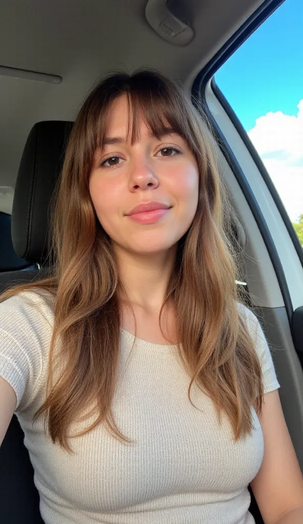 "Create a natural and casual portrait of a 35-year-old woman sitting in the driver’s seat of a car. She has long, light brown hair with soft waves and curtain bangs that frame her face beautifully. Her makeup is minimal, with a subtle pink lip and glowing ...