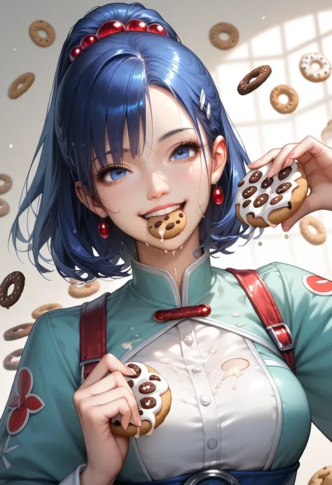 sexy anime blue assassin (happy and horny), eating cookies, anime, hentai, cartoon, hardcore hentai, erome, cum on wet cookies, lot of difficult cookies on background,