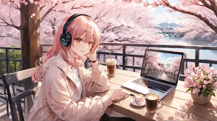 Cafe terrace seating、 headphones、18 years old、 headphones、 laptop、Cafe latte、cherry blossoms