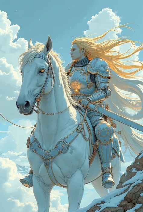 (    highest quality   ),(  fantasy   ) (A cool knight on a white horse ) (  with cloud's face and long blond hair、Cool Armor ) high image quality     , Masterpiece,    More details  ,    dynamic angle, Masterpiece ,   highest quality   , High-definition C...