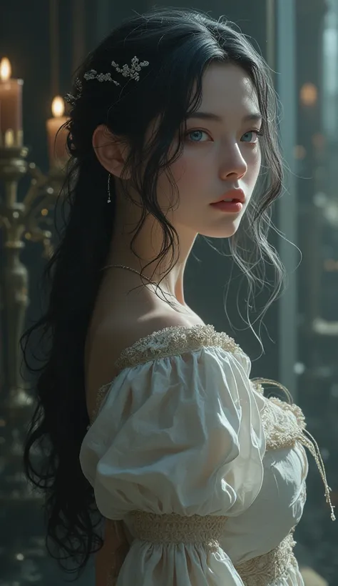 A woman with fine and delicate features, almost angelic, with long, wavy black hair and blue eyes, in medieval RPG style clothing, but modest and not too heavy, her race is Aggelus.
