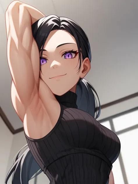 masterpiece, best quality, amazing quality, anime screencap, 1girl, solo, m4ki 0ze, muscular female, long hair, black hair, ponytail, purple eyes, black sweater, sleeveless sweater, ribbed sweater, turtleneck, bare shoulders, bare shoulders, bare arms, arm...