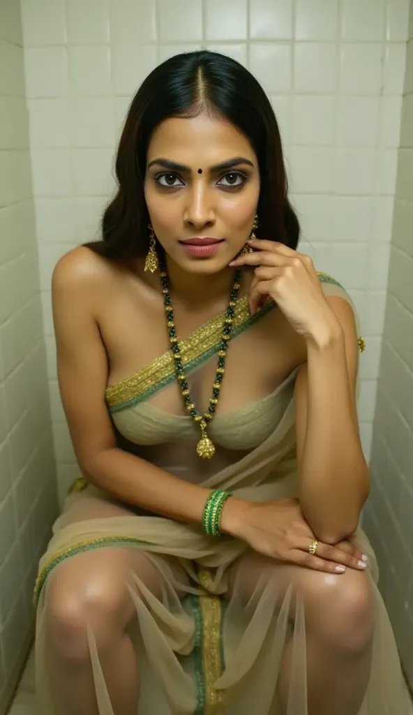 A tall, curvy lady dressed in an elegant transparent  saree with green border and a  deep neck blouse that beautifully reveals her cleavage and navel visible, nipples slightly visible , inner thighs completely visible, legs spread open, saree slightly lift...