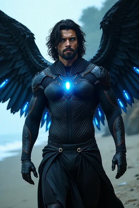 a man with dark hair, striking blue eyes, and large, dark, feathered wings that glow with a vibrant blue light.  He is wearing an intricately designed, dark, almost black bodysuit that appears to be sculpted or molded to his physique. The suit features det...