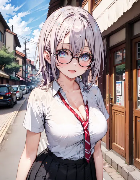 sysdeep_Arisa,stupid hair,  Silver Hair,  blue eyes,skirt,  shirt,side hair Ribbon,Glasses,smile,blush, open your mouth,  school uniform, white  shirt, Short sleeve, Big Breasts, cleavage, gal, collared  shirt,  sweater , black mini pleated skirt , rib tig...