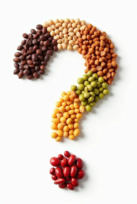 A large question mark shape filled with various legumes, including lentils, chickpeas, beans, and peas. The design is colorful and visually engaging, symbolizing curiosity about nutrition and the benefits of legumes. The background is clean and minimalisti...