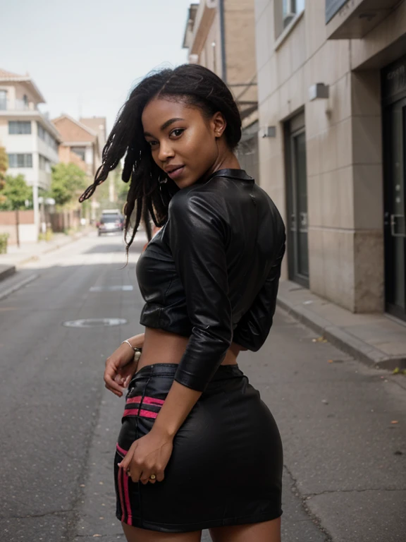 African black woman, very dark ebony skin, Happy, dreadlocks chignon, Fitness musclular body, leather tracksuit skirt, close-up portrait, street Block, from face, booty 