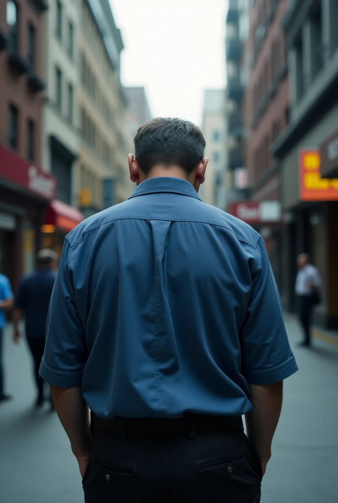 Man in blue shirt standing facing back on street, sad mood