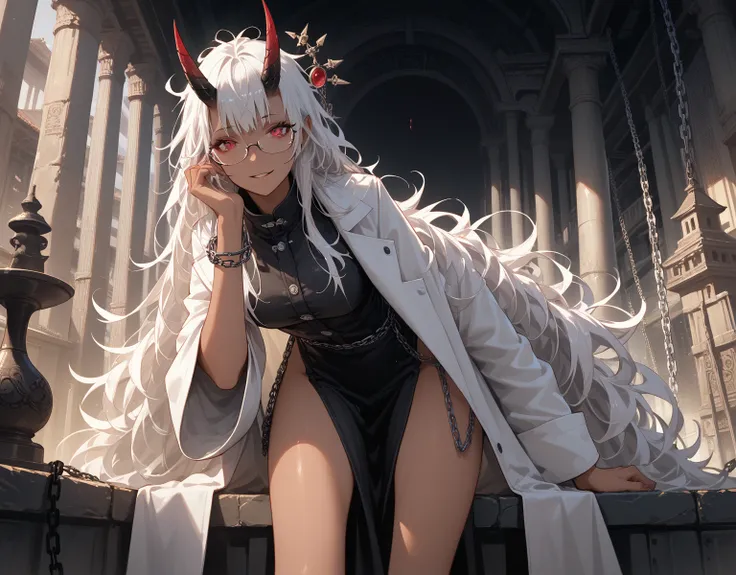 a girl with horns,   And white hair with black highlights   ,    long hair ornament   long hair ornament  ,   dressed in a scientist's uniform with a lab coat,   And with aviation glasses on her head  , And an Oni Girl 1  , ruby eyes, they horns,     long ...