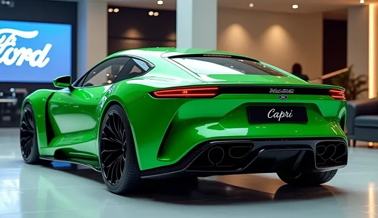 create an ultra-detailed 3D render, of a modern 2025 [Ford capri] with a bold design looking long  captured from [back bumper view]. The car should feature a [green] color with a '[Ford]' logo on its back, a large white detailed grille like rolls royce spe...